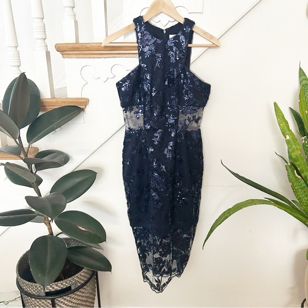 GB Womens Navy Sequin Lace Midi Dress High Neck Sleeveless Cocktail Formal Sz 3